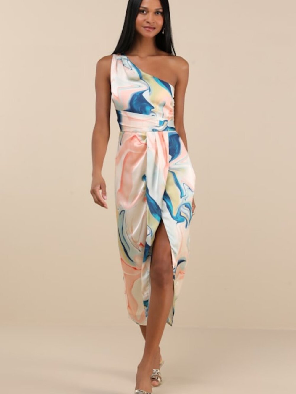 Lulus Rhema White Multi Abstract Print Satin Midi Dress - Size L
